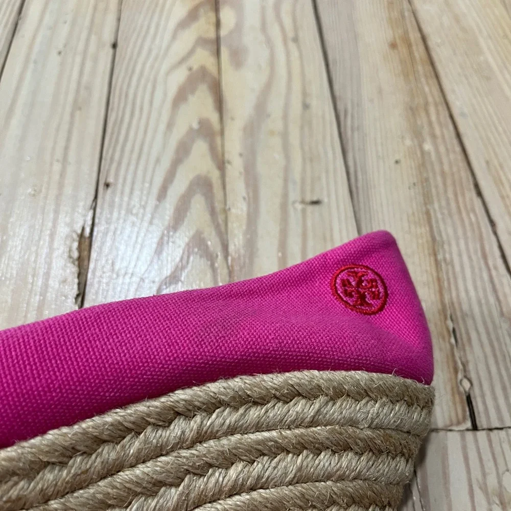 Tory Burch Filipa Espadrille Wedges Womens 8 Pink Red Canvas Peep Toe  Platform